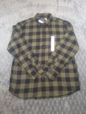 St John Bay Men's Olive & Black Plaid Button-Down Shirt Size L